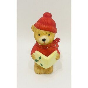 Vintage Christmas Caroling Bear Figurine 3.5” Lucy & Me Enesco Holiday Red